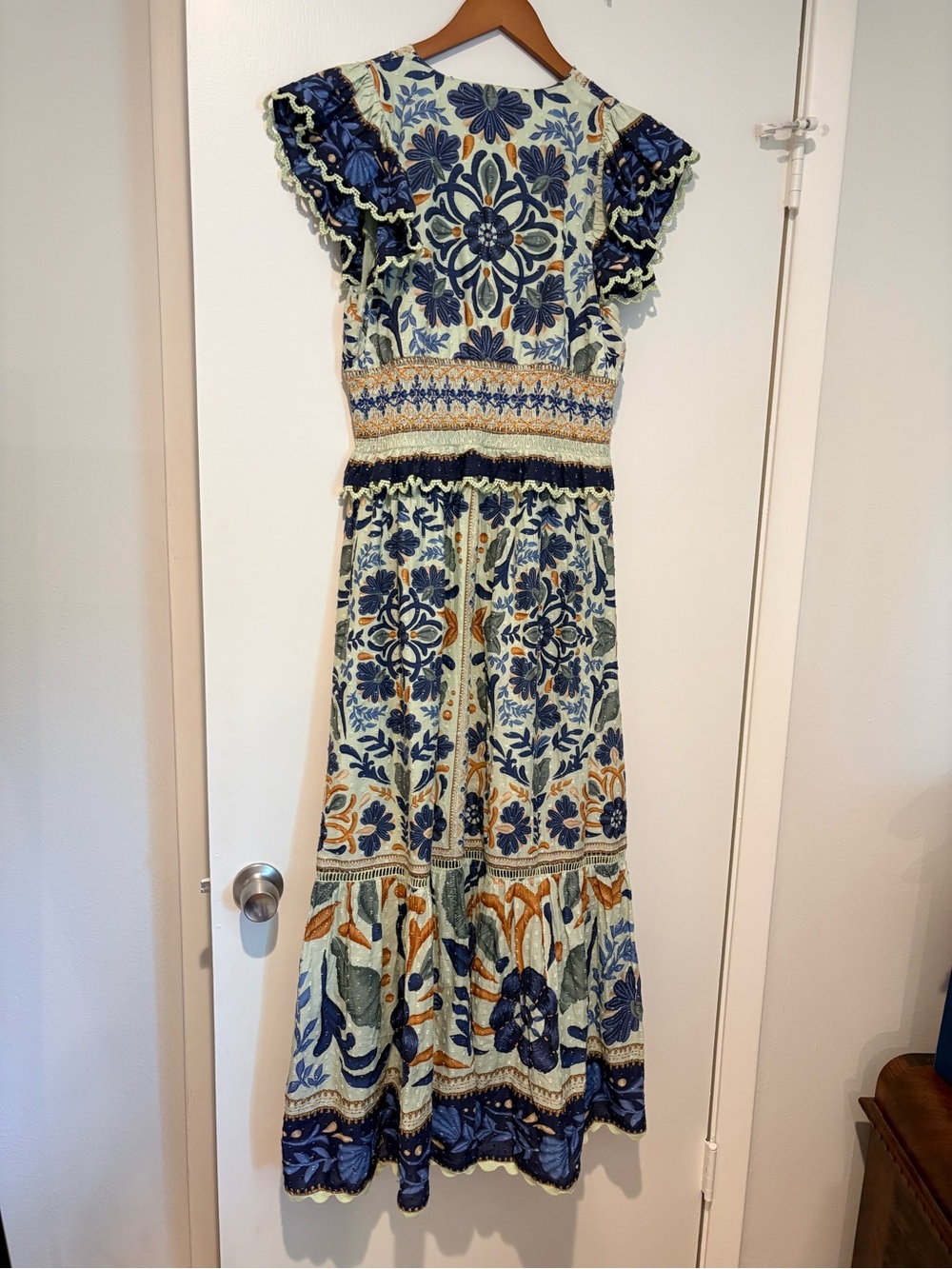 Farm Rio Tapestry Maxi Dress with Puff Sleeves - Blue & Green Ocean - Picture 6 of 7